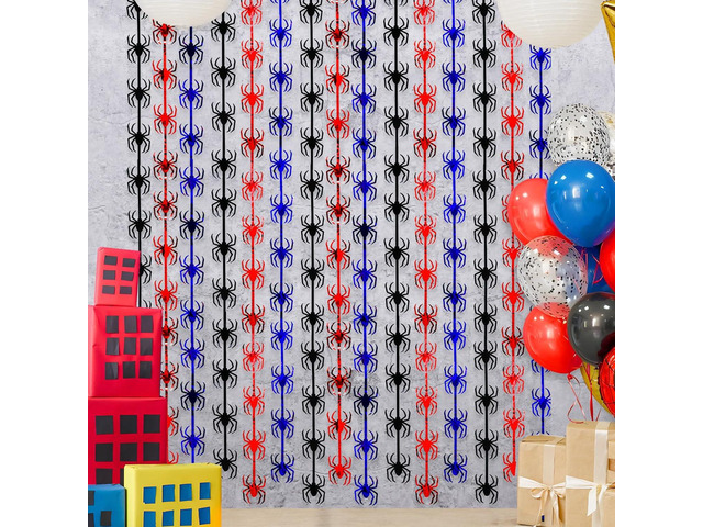 Bupelo Spider Web Birthday Decorations,2 Pack Red Black and Blue Spider Birthday Party Supplies 3.3 x 6.6ft Tinsel Foil Fringe Curtains Photo Booth...