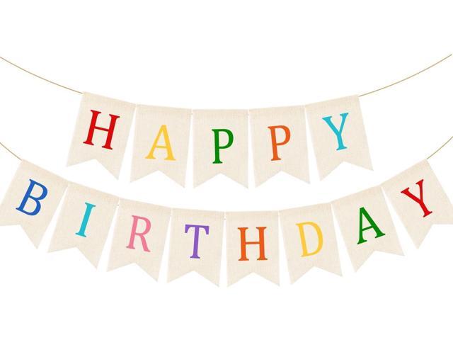 Doumeny Happy Birthday Burlap Banner Boho Birthday Garland Banner Rainbow Bohemian Bunting Garland White Birthday Hanging Bunting Multicolor...
