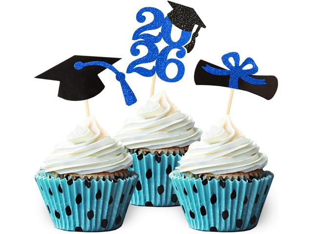 2026 Blue Glitter Graduation Cupcake Topper, Food/Appetizer Picks Class of 2026 Graduation Party Supplies(24pcs)