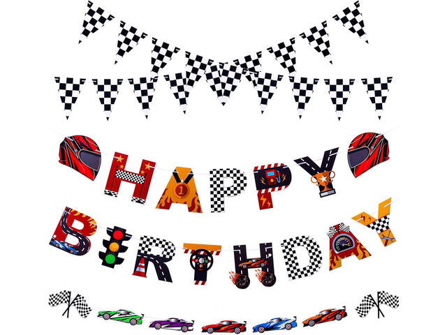 Set of 5 Race Car Party Banners Happy Birthday Paper String Banners Car Theme Garlands Banner Checkered Flag Pennants for Birthday Party Supplies...