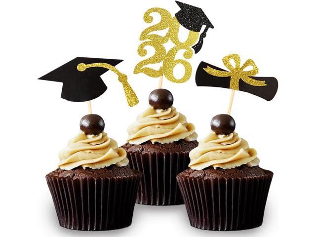 2026 Gold Glitter Graduation Cupcake Topper, Food/Appetizer Picks Class of 2026 Graduation Party Supplies(24pcs)