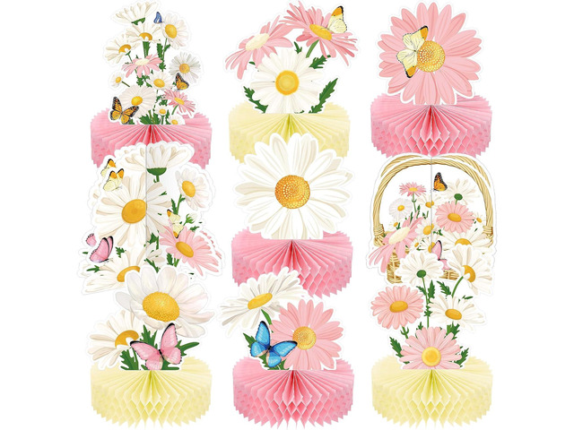 Hotop 9 Pcs Daisy Flower Birthday Party Decorations Daisy Butterfly Honeycomb Centerpieces 3D Daisy Centerpieces for Tables Pink Daisy Table...