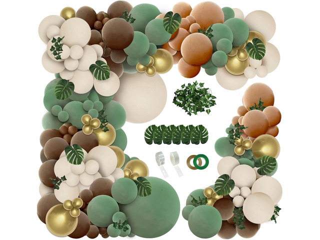 PERPAOL 148pcs Woodland Safari Jungle Wild One Balloon Garland Arch Kit Sage Green and Brown Sand white Balloons with Palm Leaves for Tropical Boho...