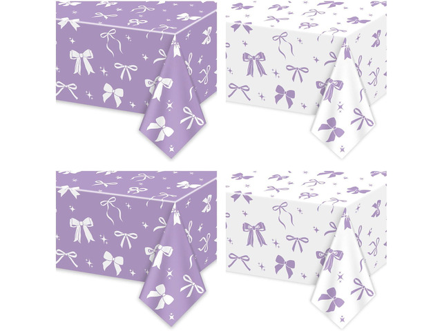 4 Pcs Purple Bow Table Cloths, 51 x 86 '' White and Purple Bow Birthday Decorations for Coquette Birthday Decorations Baby Shower Party Supplies