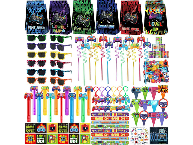 PLOUGVI 320PCS Video Game Party Favors for Kids-Including Goodie Bags, Glasses, Straws, Bubble Wands, Stickers, Cake Toppers, Tattoos &...