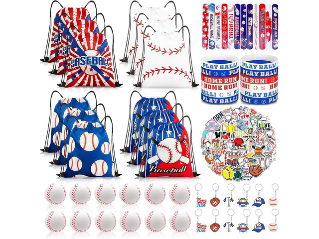 110Pcs Baseball Party Favors Drawstring Bags Baseball Goodie Bag with Mini Ball, Wristband, Slap bracelets, Keychains, Stickers for Baseball Party...