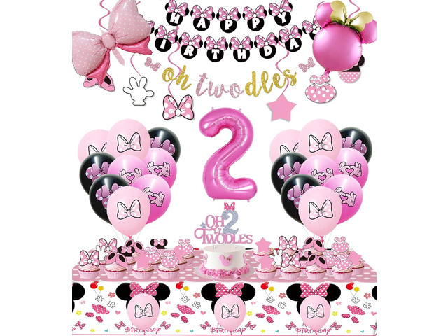 Pink 2nd Birthday Party Supplies, Oh Twodles Girl Second Party Decorations Includes Happy Birthday Banner, Hanging Swirls, Tablecloth, Cake Cupcake...