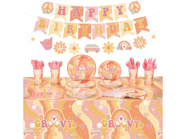 Geyee 173 Pcs Groovy Party Supplies Serves 24, Include Boho Hippie Tablecloth Groovy Birthday Banner Hippie Daisy Paper Plates Napkins Tableware...