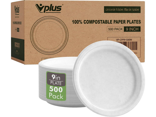 Vplus 500 Pack Paper Plates 9 inch 100% Compostable, Heavy-Duty Disposable Paper Plates Bagasse Natural Biodegradable Eco-Friendly SugarcaneWhite