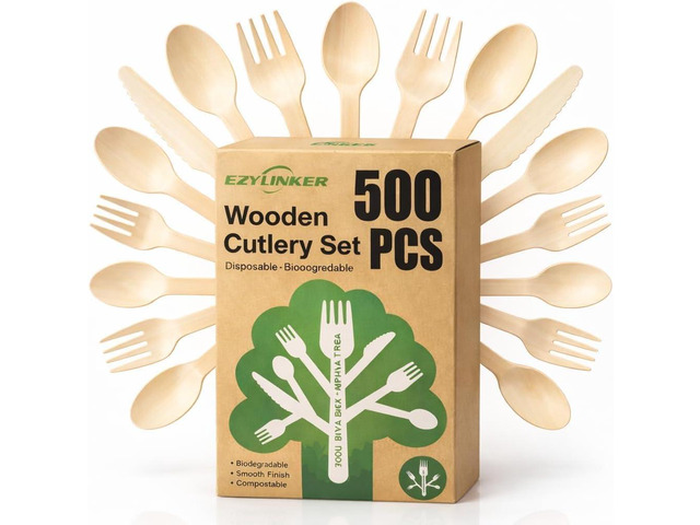 500 Pack Wooden Cutlery Set [200 Forks, 200 Spoons, 100 Knives] Alternative to Plastic, Eco-Friendly Disposable Utensils, Biodegradable &...