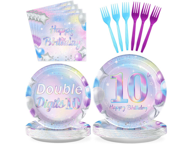 96 Pcs 10th Birthday Party Supplies Iridescent Double Digits Birthday Girl Plates and Napkins Tableware Set In My Double Digits Era Party Decor for...