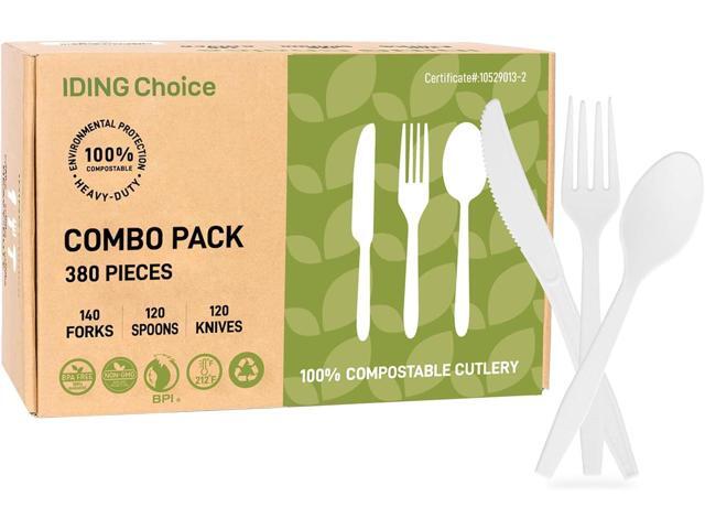 380 Count Heavy Duty Compostable Cutlery Set 140 plastic forks 120 spoons 120 knives eco-friendly no plastic silverware compostable utensils for...