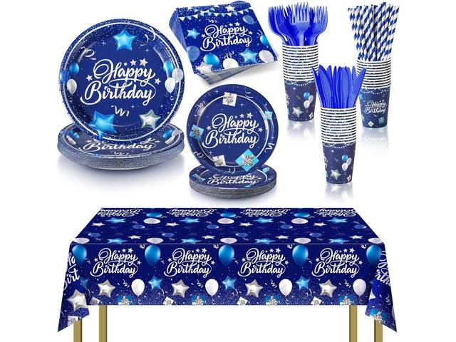 Norme 176 Pcs Navy Blue and Silver Birthday Tableware Set Birthday Decoration Includes Tablecloth Paper Plates Napkins Paper Cups Forks Knifes and...