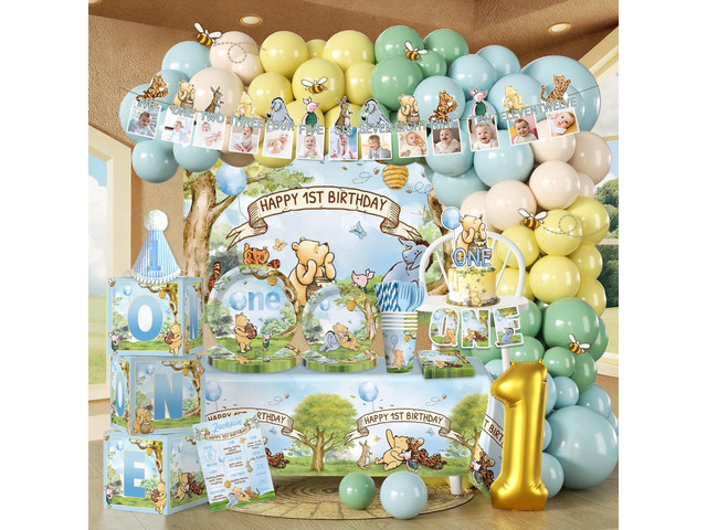 Classic Bear 1st Birthday Decorations Pooh Bear Balloon Arch Kit Banner Cake Decorations First Birthday Backdrop Pooh Plates And Napkins Set With 2...