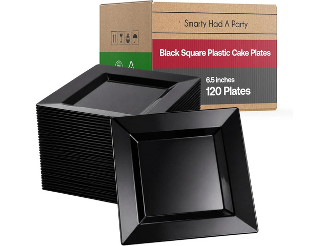 Smarty Had A Party Elegant Disposable Plastic Dessert Plates, 6.5' Heavy Duty Fancy Square Black Salad Plates for Appetizers, Cakes, and Events,...