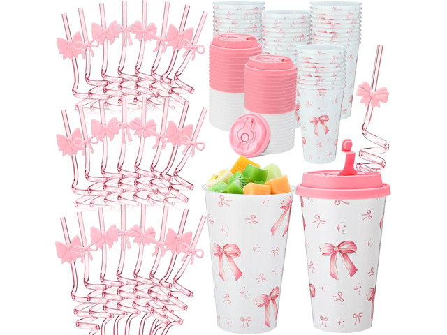 Yungyan 36 Sets Pink Bow Party Favors Goodie Cups with Lids and Straws for Birthday Coquette Party Decorations Reusable 16oz Plastic Candy Cups...