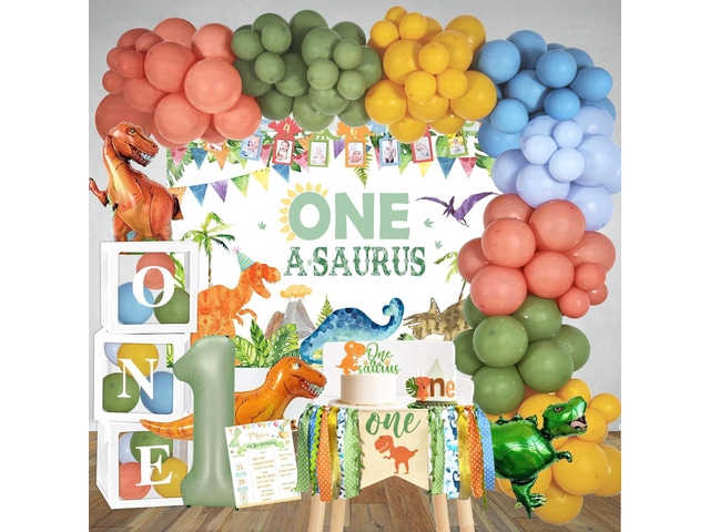 YJDFWAUT One a Saurus Birthday Decorations, Dinosaur 1st Birthday Party Supplies, Dinosaur First Bday Balloon Garland Balloon Box Highchair Banner...