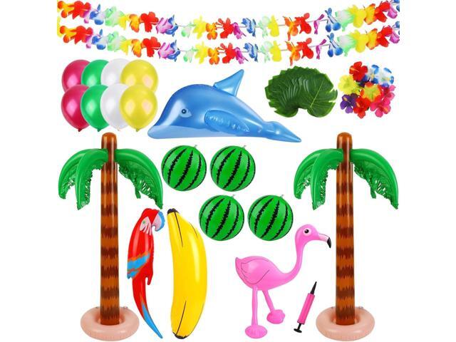 Ruisita Inflatable Luau Party Set 2 Pack Palm Trees 4 Pack Inflatable Watermelon 12 Pack Hawaiian Flowers 12 Pack Monstera Leaves 20 Pack Balloons...