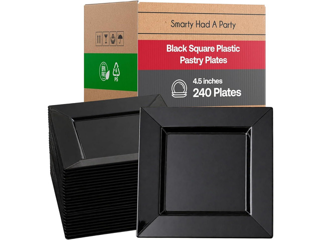 4.5IN Black Square Plastic Pastry Plates 240 Plates, 240PK