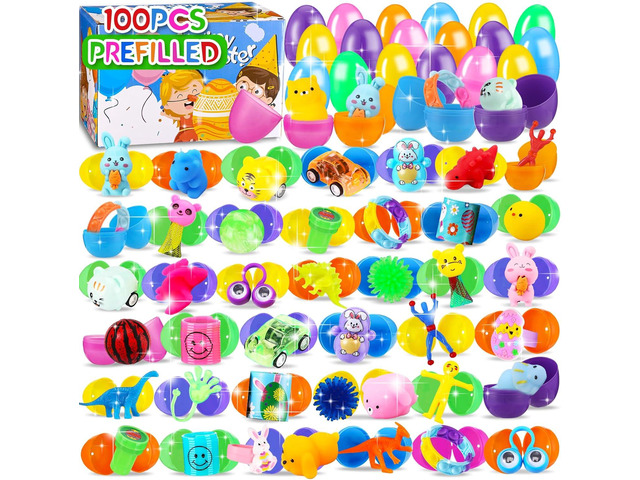100 PCS Prefilled Easter Eggs with Toys Inside, Plastic Easter Eggs Filled with Toys Bulk for Easter Egg Hunting, Assortment Birthday Party...