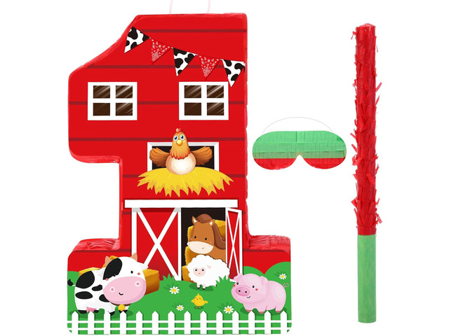 Hungdao Farm Birthday Pinata Number Pinata with Blindfold Bat and Confetti Animal Pinata for Boys Girls Birthday Party Decorations Barnyard Baby...