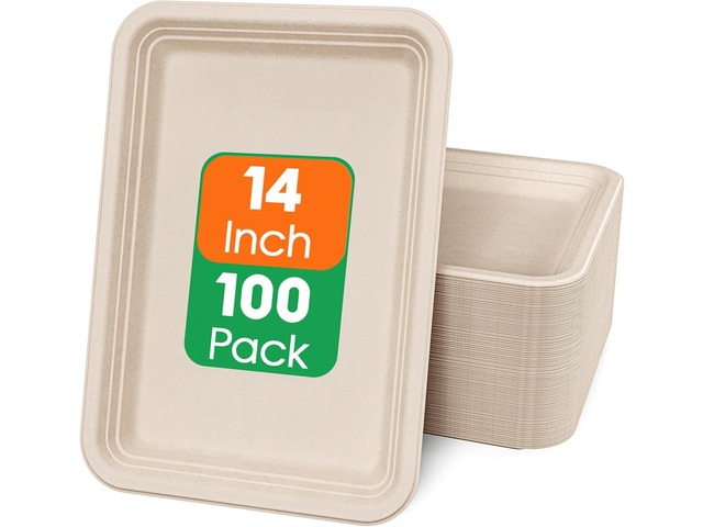 ECOLipak 100 Pack 14 Inch Disposable Food Crawfish Trays, Compostable Large Paper Plates, Disposable Thanksgiving Trays for Serving Food, Turkey,...