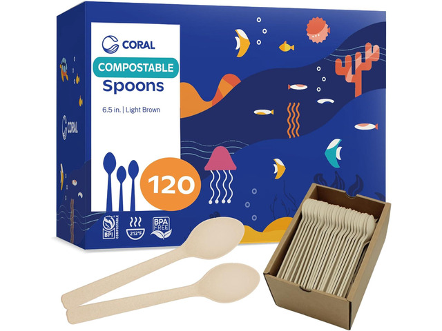 CORAL Light Brown 100% Compostable Spoons - 120 Heavy Duty No Plastic Spoons (6.5 inch) - Break Resistant with Smooth Edges, Ocean Friendly...