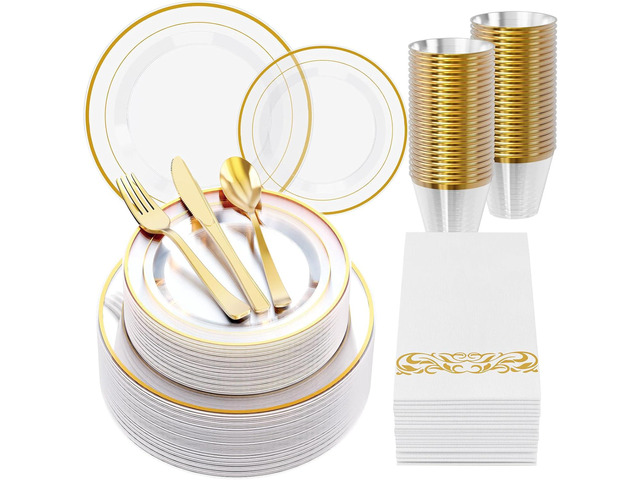 FOCUSLINE 350 Count Clear Dinnerware Set for 50 Guests- Clear Plastic Plates with Gold Rim, Includes Disposable 50 Dinner & Salad Plates, Cups,...