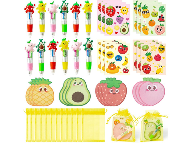 CY2SIDE Fruit Stationery Party Gift - 24 Pack Back to School Gifts Set Include 4-in-1 Ballpoint Pens Sticky Notes Stickers and Organza Tutti Fruit...