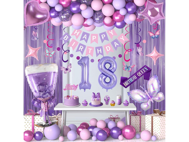 18th Birthday Decorations, Pink Purple 18 Birthday Balloons for Girls, Lavender Party Supplies with Number Balloons, Banner, Sash, Butterfly...