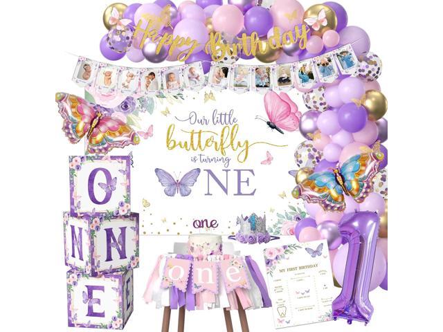 Xigejob Butterfly First Birthday Decorations Girl - Butterfly 1st Birthday Party Supplies, Include Balloon Arch, Backdrop, Balloon Box, Highchair...
