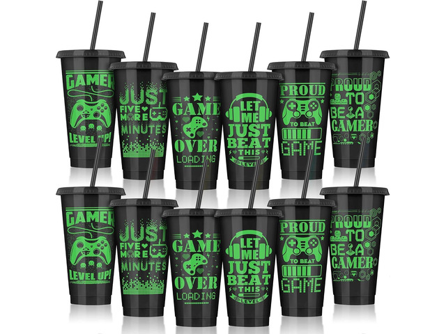 Kochorie 12 Pieces Video Game Plastic Cups 24 Ounces Gaming Party Cups with Lids and Straws Black Green Video Game Tumbler Cups for Birthday Party...