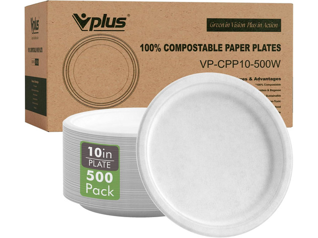 Vplus 500 Pack Compostable Disposable Paper Plates 10.25 inch Super Strong Paper Plates 100% Bagasse Natural Biodegradable Eco-Friendly Sugarcane...