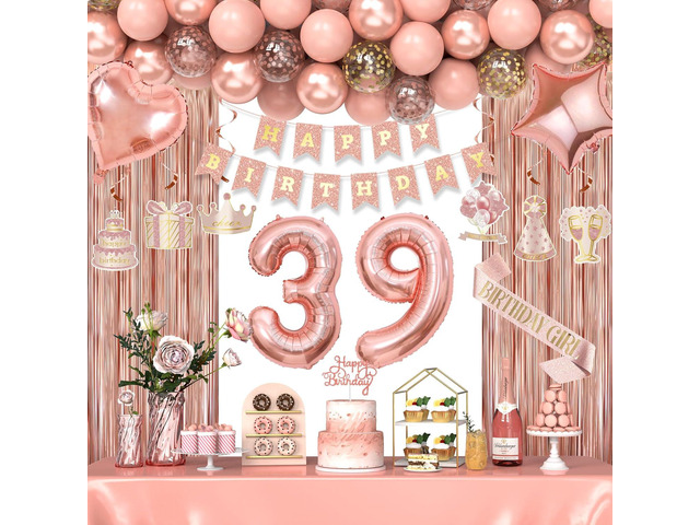 39th Birthday Decorations for Women Girls, Happy 39 Birthday Decorations for Her, Rose Gold Birthday Party Supplies with Banner, Number Balloons,...