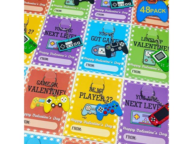 Bulk Valentines Day Cards Gifts for Kids Class, 48 Pack Video Game Keychain with Classroom Exchange Cards for Toddler Boys Girls, Goodie Bag...