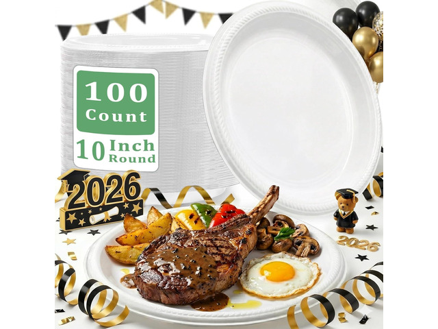 100 pcs White Plastic Plates for Graduation Party - 10 inch Plastic Plates Disposable for Birthday Picnic BBQ World Cup Supplies