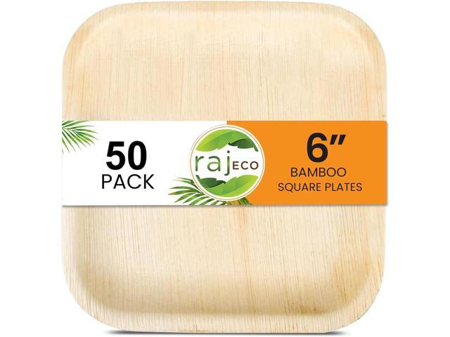 Raj Eco Compostable Palm Leaf Plates Like Bamboo Plates Disposable - 6 Inch Square 50 Party Plate, Natural Wooden, Eco-Friendly, Fancy...