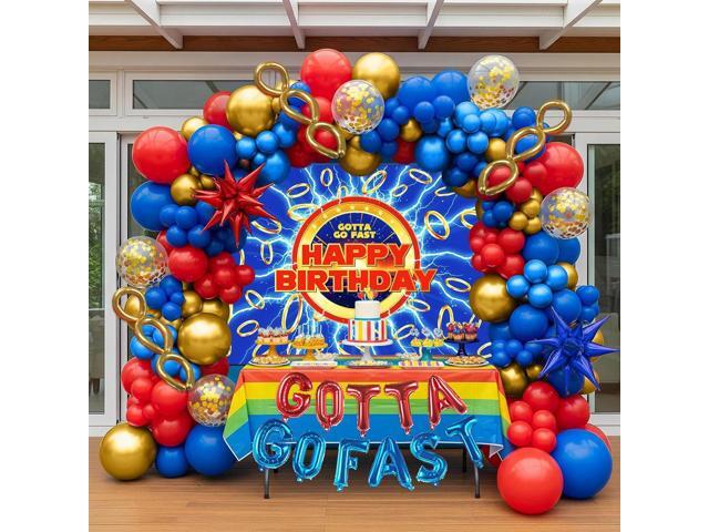 Red Blue Gold Hedgehog Birthday Party Decorations with small balloon arches gotta go fast Letter Star foil balloons backdrop for video game Cartoon...