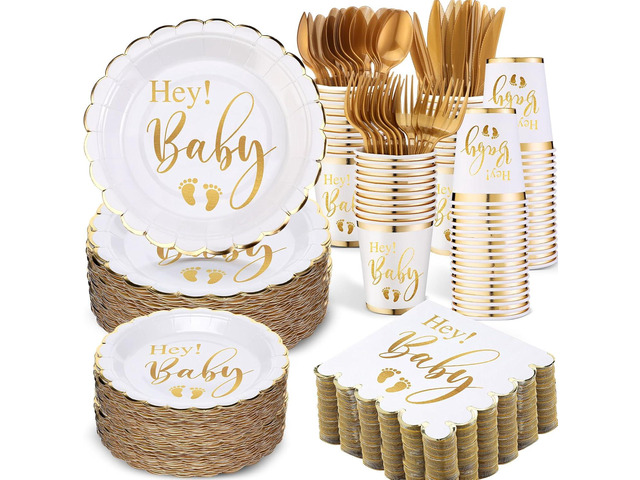 Yungyan 400 Pcs Baby Shower Dinnerware for 50 Guest Baby Shower Paper Plate Napkin Set Gender Reveal Plate Napkins Cup Footprint Disposable Knives...