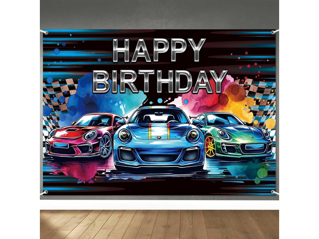 8x6ft Car Happy Birthday Banner Backdrop Racing Car Birthday Party Decorations for Boys Kids Watercolor Race Wheels Theme Party Photography...