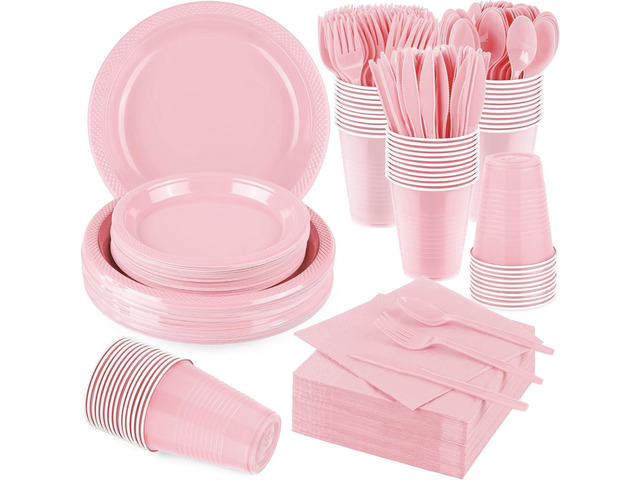 Aodaer 400 Pieces Pink Party Supplies Disposable Dinnerware Set Include Plastic Plates Cups Knives Forks Spoons Paper Napkins for Birthday Wedding...