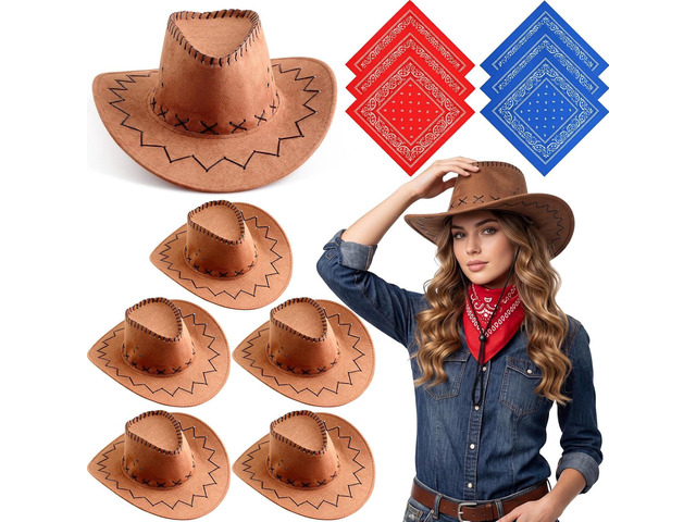 SATINIOR 12 Pcs Western Cowboy Hat and Bandanna Cowboy Party Bandannas Pack Western Faux Felt Farmer Hat for Women Men for Carnival Costume...