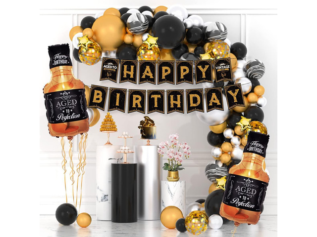 Whiskey Balloons Garland Arch Kit Silver Gold Black Latex Balloons Age to Perfection Whiskey Foil Balloons Happy Birthday Banner for Men Women...