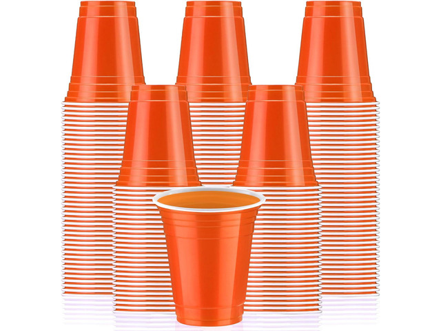 Sabary 100 Pack 12oz Plastic Cups Orange Graduation Heavy Duty Drinking Disposable Cups with Lines for Beverage Wedding Holiday Camping Barbecues...