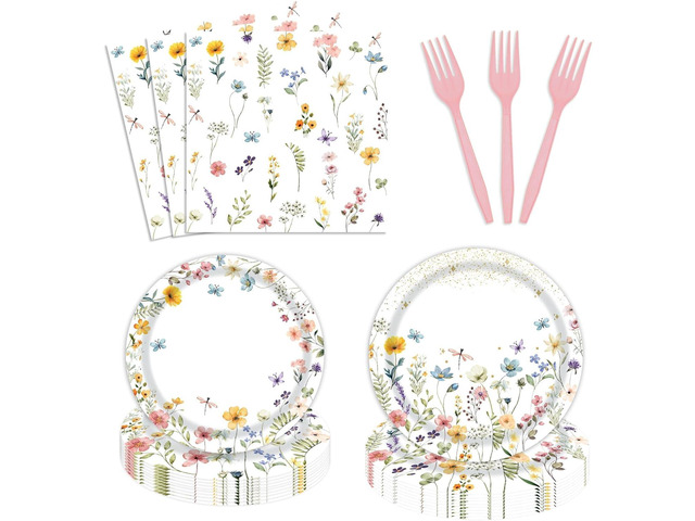 96 Pcs Wildflower Party Supplies Paper Plates and Napkins Disposable Spring Floral Baby Shower Birthday Tableware Decorations for Spring Summer...