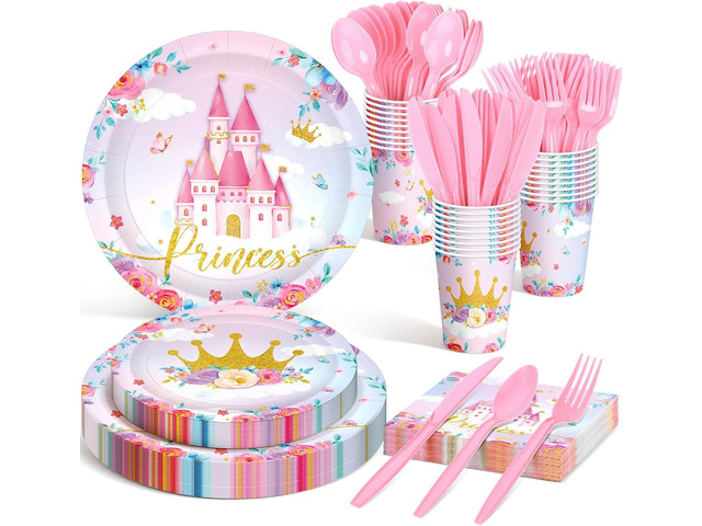 Meanplan 168 Pcs Princess Party Decorations Princess Plates and Napkins Castle Disposable Tableware Set for Girls Baby Shower Princessed Castle...