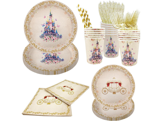 AIBIIN 112 PCS Princess Party Plates Princess Birthday Decorations Once Upon a Time Castle Princess Party Tableware Set Purple Floral Napkins for...