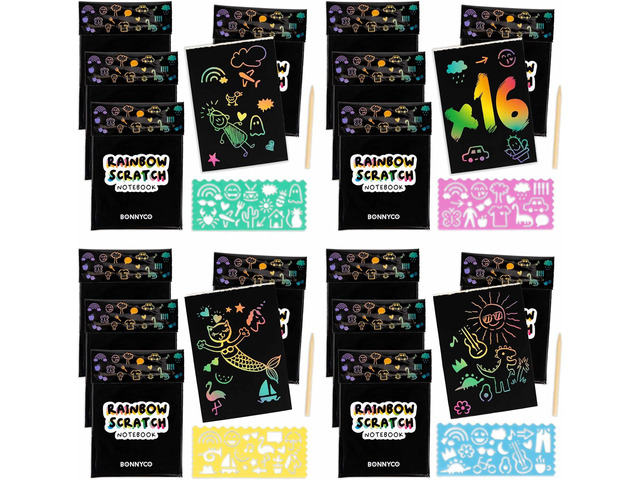 BONNYCO Rainbow Scratch Art for Kids 16 Sets with Notebook, Stencil and Wooden Stylus. Party Favors, Goodie Bags Stuffers for Kids, Classroom...