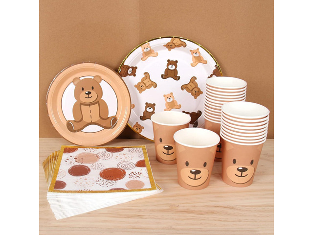 Brown Teddy Bear Baby Shower Plates - Teddy Bear Paper Plates,Disposable Cups,Napkin with Firework Pattern in Golden Border for 24 Bear Theme Party...