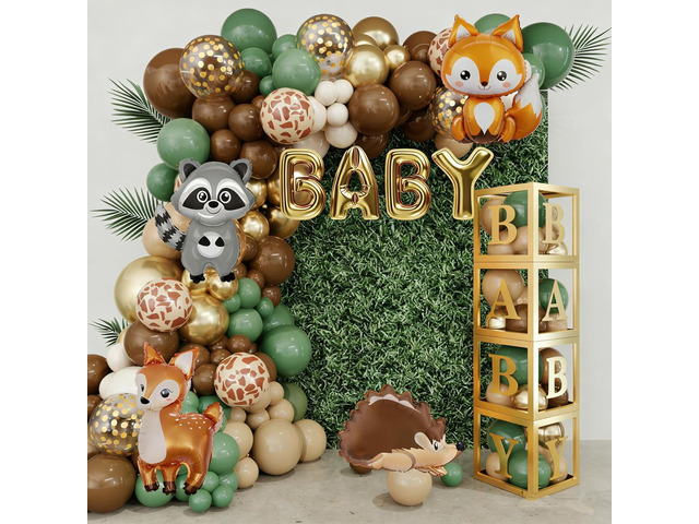 Amandir 137pcs Woodland Animals Baby Shower Decoration Boxes Sage Green Brown Balloon Garland Arch Kit Woodland Themed Animal Foil Balloons for...